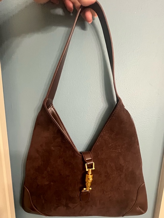 Urban Revivo Handbags - Dark Brown Suede Shoulder Bag with Gold-Tone Hardware